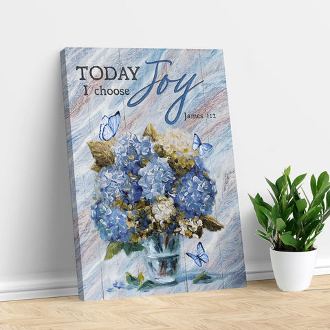 Blue Hydrangea painting, Today I choose Joy - Jesus Portrait Canvas Print, Wall Art