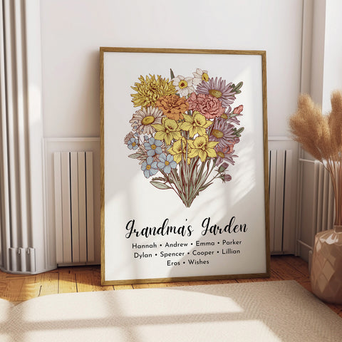 Personalized Family Birth Month Flowers Bouquet Poster, Custom Family Print Wall Art, Housewarming Gift, Family Wall Decor, Grandma's Garden