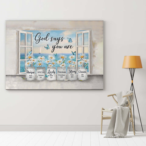 God Says You Are - Unique, Special, Lovely, Precious, Strong, Chosen - Jesus Landscape Canvas - Wall Art