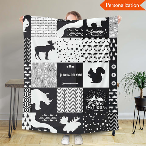 Personalized Baby Blanket, Grey Black White Customized Baby Blanket, Adventure Blanket With Baby Name
