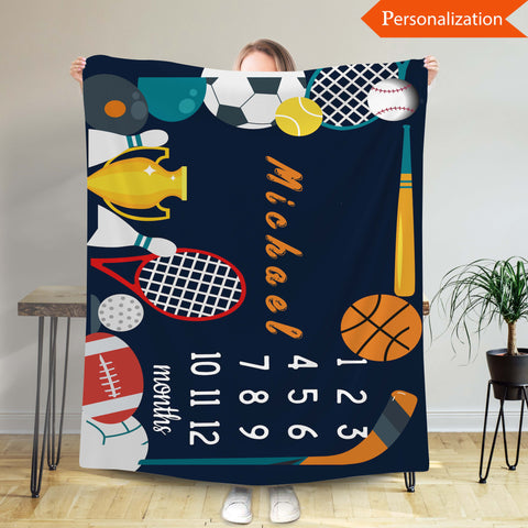 Personalized Sport Blanket, Baby Blanket With Name, Milestone Month Baby Blanket, Gift For Childrens, Gift For Son, Blanket For Daughter