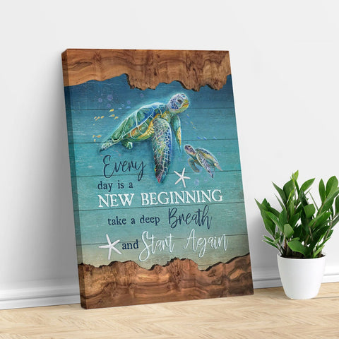 Turtle under ocean painting, Everyday is a new beginning - Portrait Canvas Print, Wall Art