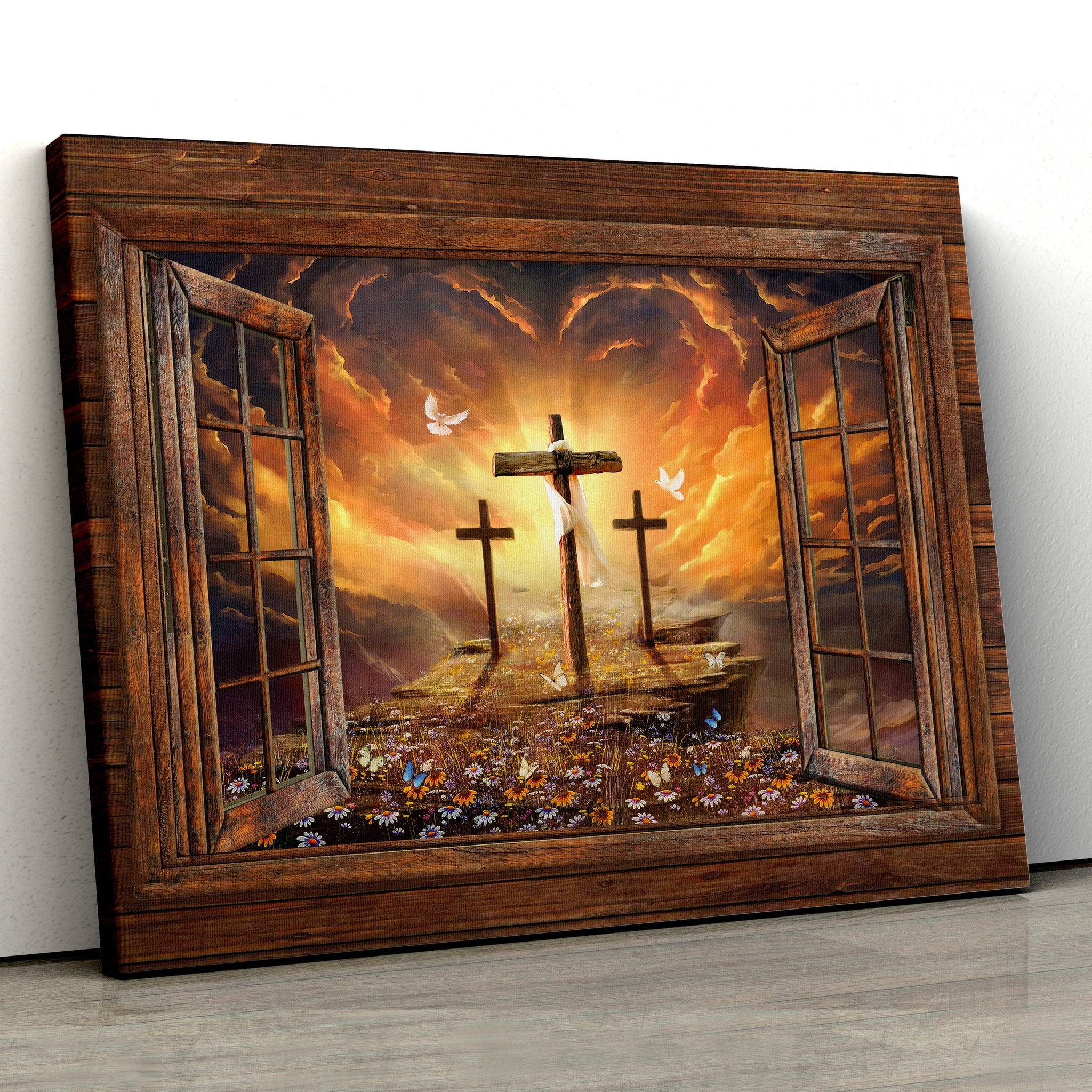 Window frame, Sunset painting, Path to heaven, The three crosses - Jesus Landscape Canvas Print, Wall Art