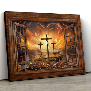 Window frame, Sunset painting, Path to heaven, The three crosses - Jesus Landscape Canvas Print, Wall Art